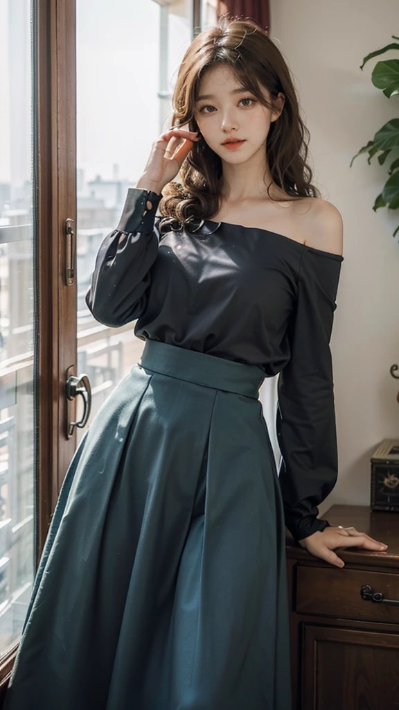 detailed background, masterpiece, best quality, 1 person , curly hair, long hair, purple eyes, star in eye ,teal  Strapless blouse, long  skirt