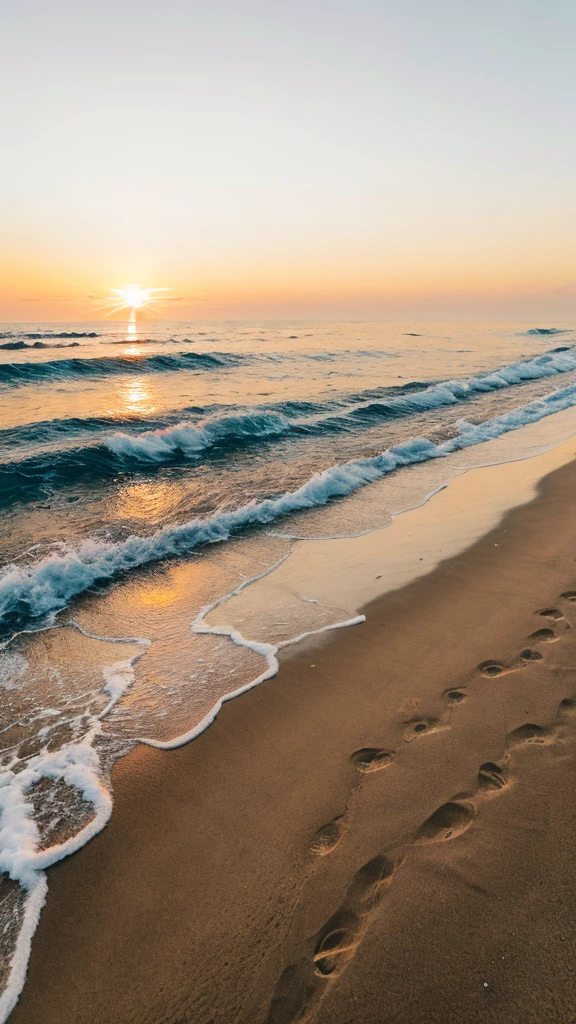 ((best qualityer)), ((work of art)), (detailded), A hyper-realistic, detailed image of a serene beach at sunset. The sky is painted with vibrant shades of orange, pink and purple, with some thin, golden clouds as the sun sets over the horizon, Creating a show of colors. The soft golden light reflects on the gentle waves, creating a sparkling effect in the water, that seems almost magical. The beach is covered in fine white sand that feels soft to the touch., with some faintly visible footprints leading down to the water's edge.
In the foreground, small shells and pebbles are scattered across the sand, some half-buried. The water is crystal clear, with gentle waves lapping the shore, creating a delicate foam that dissolves slowly. The scene is peaceful and picturesque, with some distant silhouettes of coconut trees swaying gently in the breeze and a couple walking hand in hand along the beach, leaving footprints that quickly disappear with the movement of the waves.
From a distance, you can see a small fishing boat anchored, swaying gently with the movement of the sea. Some seagulls fly low over the water, and the light breeze creates small ripples on the surface of the sea and gently sways the leaves of the coconut trees. The overall atmosphere is peaceful, with a feeling of relaxation, natural beauty and the magic of a sunset on the beach. Details like the texture of the sand, the softness of the waves and the shine of the sun on the water are evident, making the image seem almost tangible.