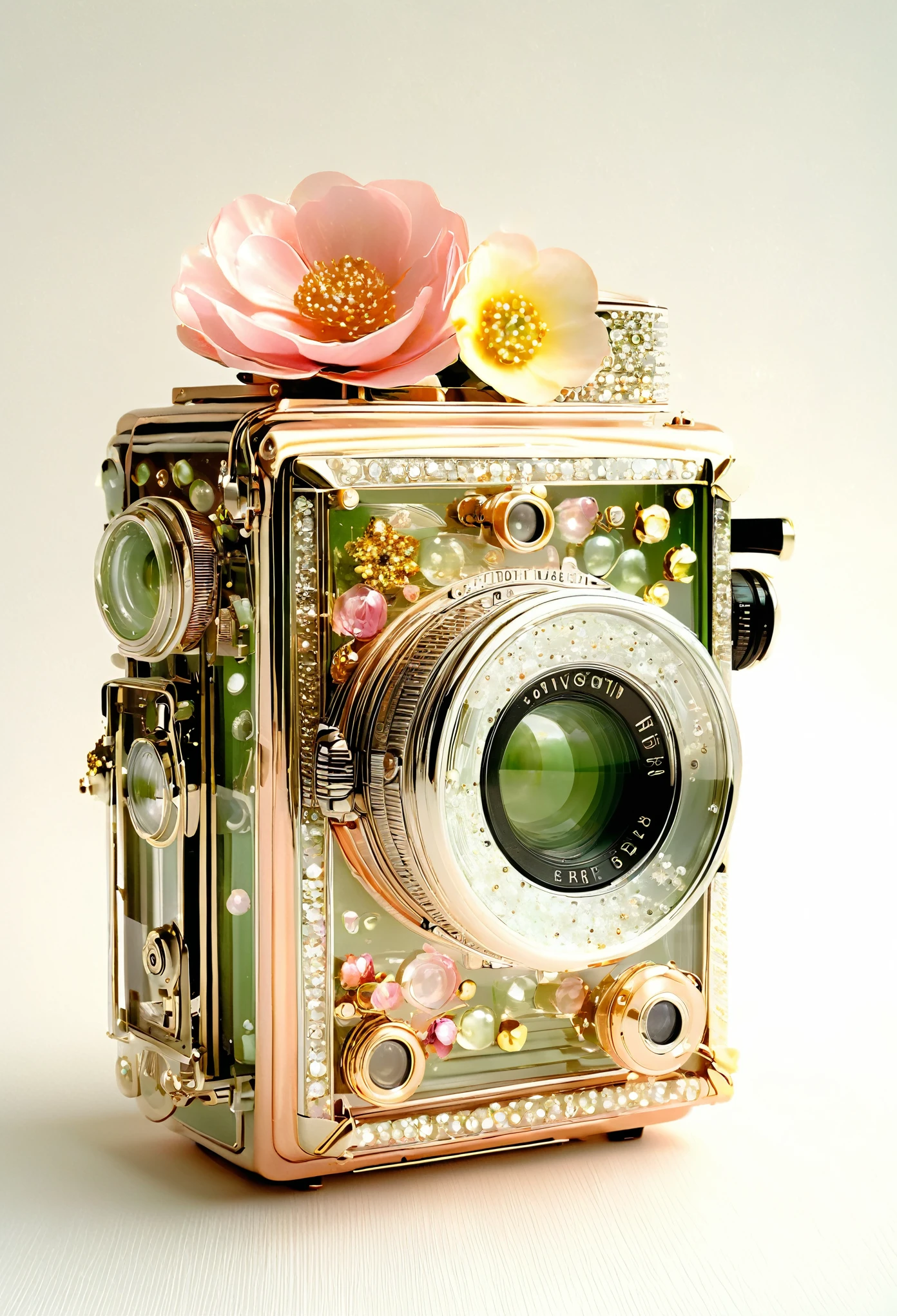 fanciful, translucent vintage camera with metallic copper and silver details, filled with an array of soft pastel flowers including hues of pink and white and green inside it, floating golden sparkles, magical touch to the composition,