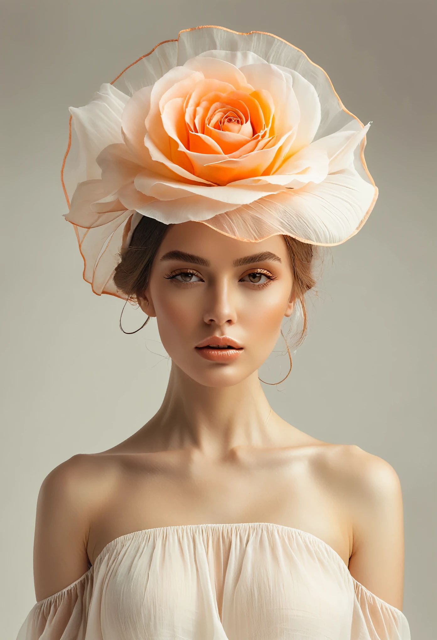 A woman with an oversized rose on her head, wearing white gauze fabric in soft lighting with light orange and beige tones, with translucent layering, soft edges and blurred details in the style of floral surrealism photography, with translucent skin against a light gray background of natural scenery in soft tones.