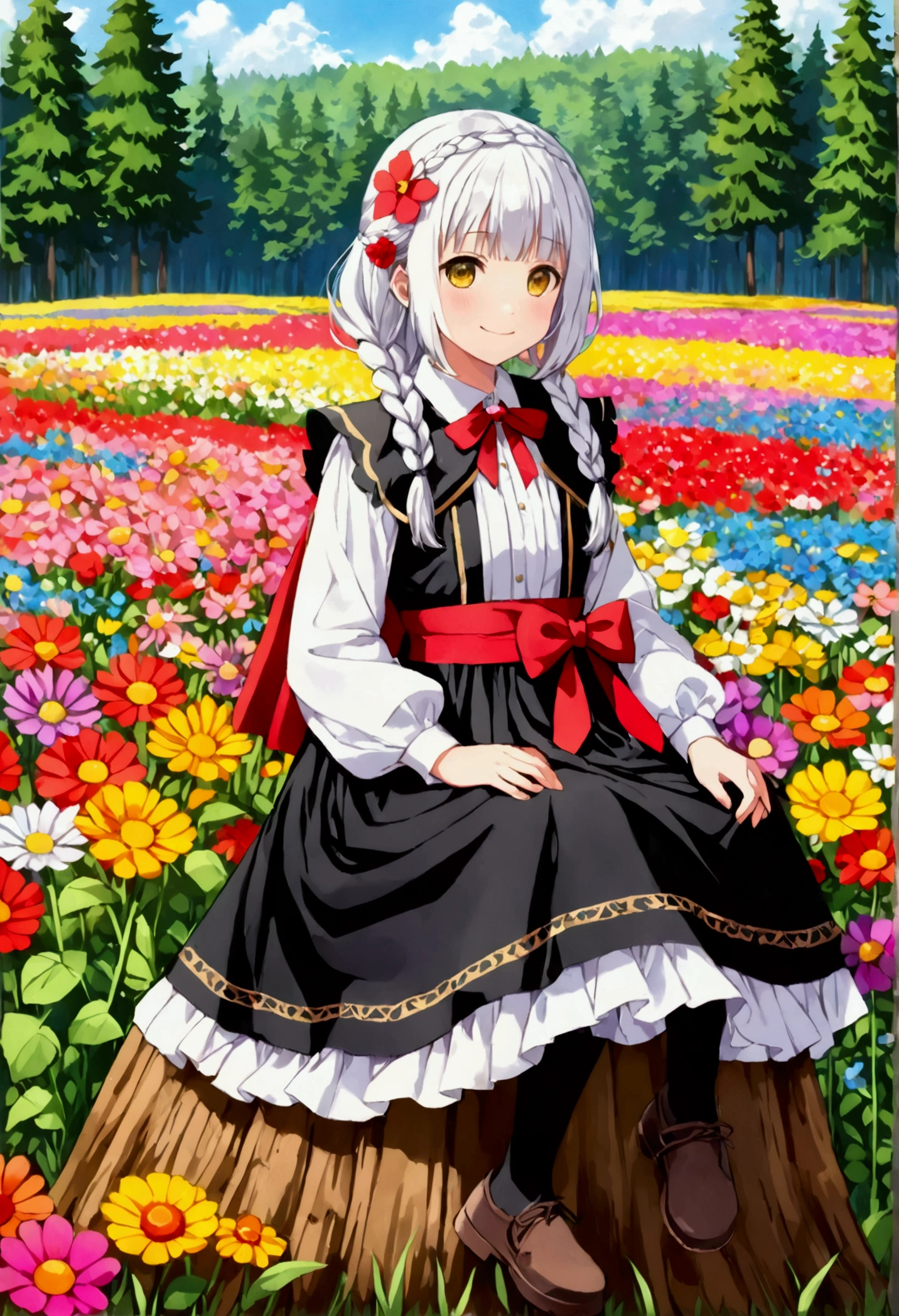 (top-quality)、(masterpiece)、(ultra-detailliert)、((white hair))、Beautiful girl alone、、10yaers old、Maiden girl, cute little、(yellow eyes)、(Bob Hair:1.1)、(Braids:1.2)、Hair curtains、Butterfly Hair Accessories、(Smile)、Daytime、(Background of forest and colorful flower fields:1.5)、Sitting on a stump、Inner Stock、White blouses、red prairie skirt、black capelet、Brown corset、(Red sash:1.2)、Black tights、Sleeveless、baskets、