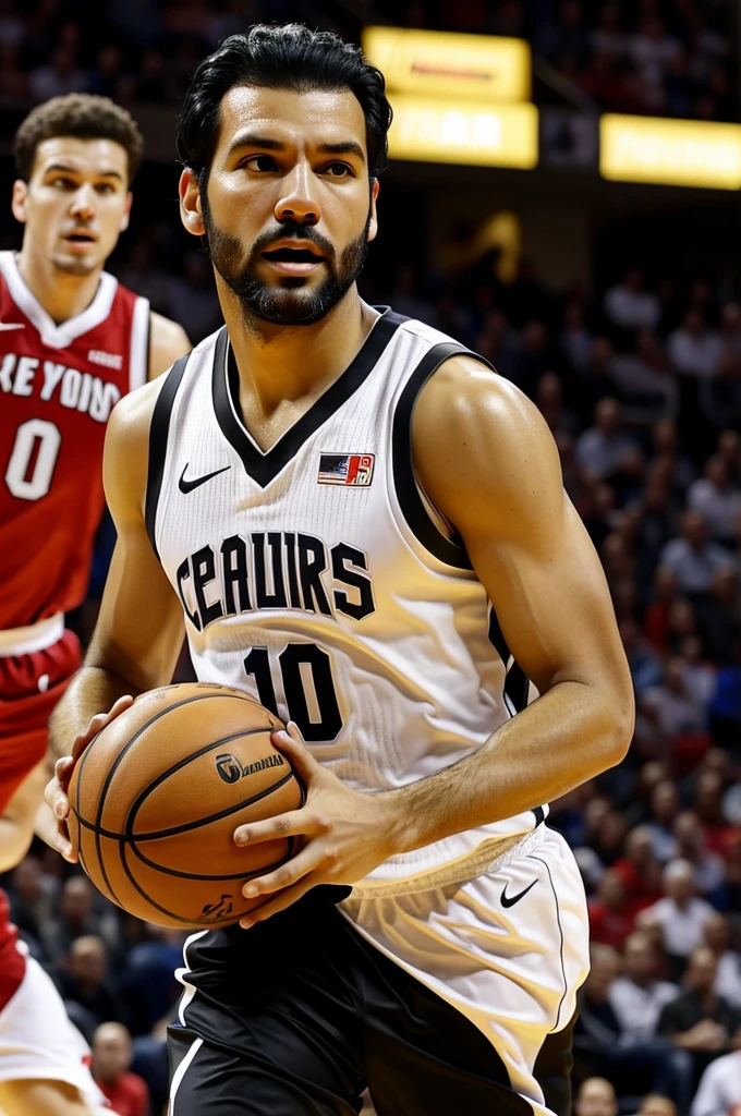 Create a drawing of a 45-year-old man, moreno, straight black hair with receding hairline, no beard or mustache, Playing basketball