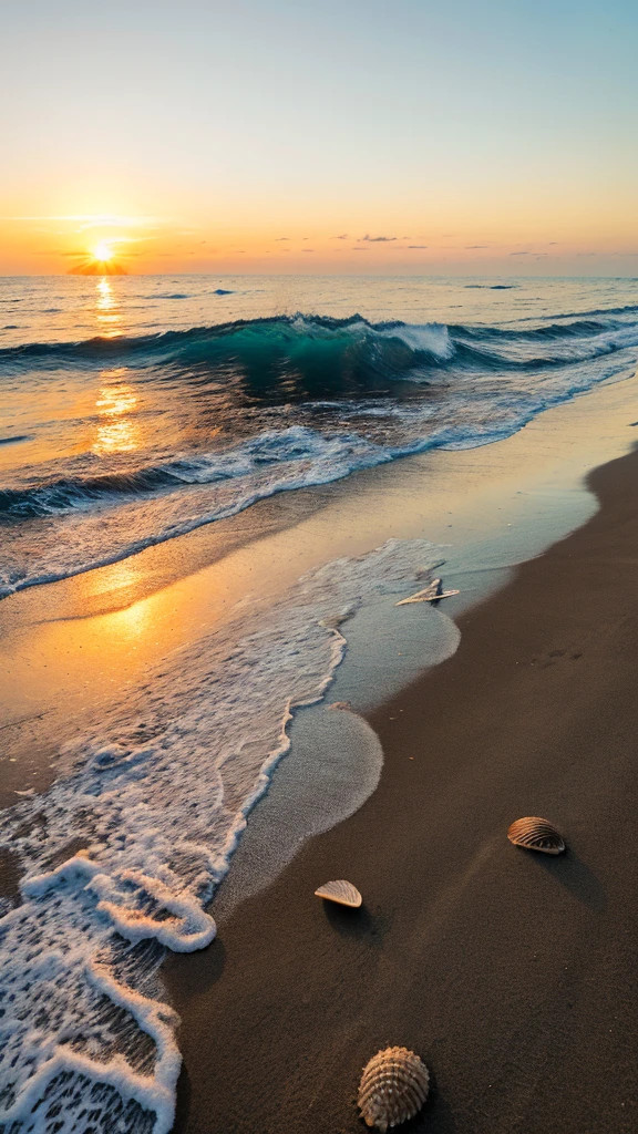 ((best qualityer)), ((work of art)), (detailded), A hyper-realistic, detailed image of a serene beach at sunset. The sky is painted with vibrant shades of orange, pink and purple, with some thin, golden clouds as the sun sets over the horizon, Creating a show of colors. The soft golden light reflects on the gentle waves, creating a sparkling effect in the water, that seems almost magical. The beach is covered in fine white sand that feels soft to the touch., with some faintly visible footprints leading down to the water's edge.
In the foreground, small shells and pebbles are scattered across the sand, some half-buried. The water is crystal clear, with gentle waves lapping the shore, creating a delicate foam that dissolves slowly. The scene is peaceful and picturesque, with some distant silhouettes of coconut trees swaying gently in the breeze and a couple walking hand in hand along the beach, leaving footprints that quickly disappear with the movement of the waves.
From a distance, you can see a small fishing boat anchored, swaying gently with the movement of the sea. Some seagulls fly low over the water, and the light breeze creates small ripples on the surface of the sea and gently sways the leaves of the coconut trees. The overall atmosphere is peaceful, with a feeling of relaxation, natural beauty and the magic of a sunset on the beach. Details like the texture of the sand, the softness of the waves and the shine of the sun on the water are evident, making the image seem almost tangible.