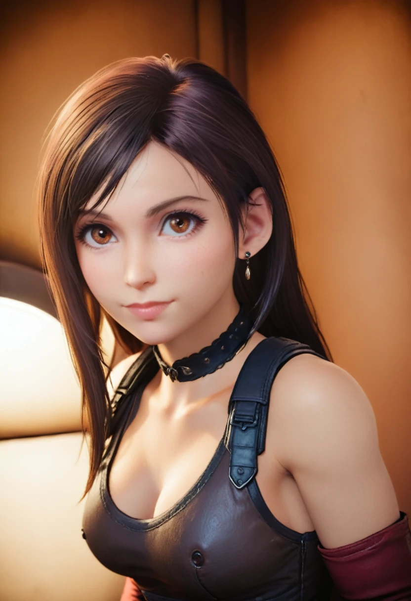 (Professional photography of Tifa Lockhart), (highly detailed face:1.4), no close-up, (smile:0.4), (dressed in rough hide, like a primitive human), (background inside dark, moody, private:1.3, naked), steampunk pirate's airship, nikon d850, stock photography, kodak portra 400 film ,camera f1.6 lens, bokeh, analog style, rich colors, hyper realistic, lifelike texture, dramatic lighting, cinestill 800, messy hair, serious, (freckles:0.4), pale skin, cute sexy