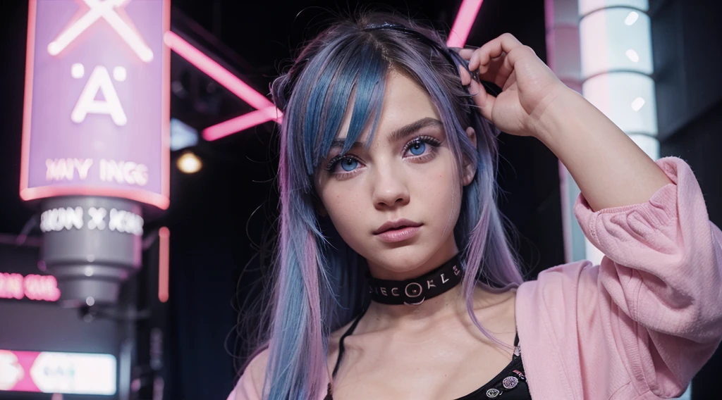 y2k girl aesthetic blue eye hair pink tips 