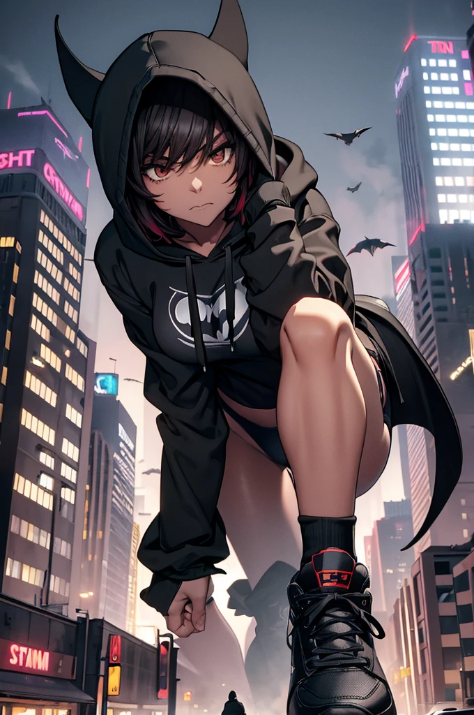 Short bkack hair,cropped hoodie,,black socksskirt,goth,Menacing,Rampage GtsGiga,Gtscity,Cityscape Gotham city,draw strings,hood up,black trainers,Shoes,medium bosom,mature woman,athletic,the god damn bat woman,nighttime 