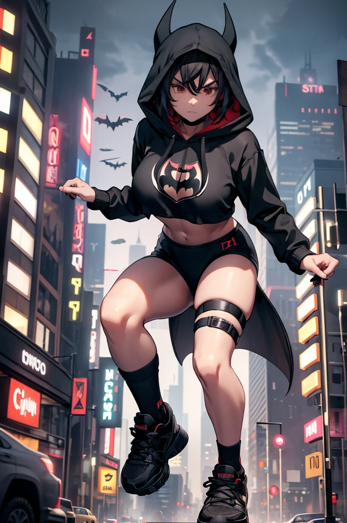 Short bkack hair,cropped hoodie,,black socksskirt,goth,Menacing,Rampage GtsGiga,Gtscity,Cityscape Gotham city,draw strings,hood up,black trainers,Shoes,medium bosom,mature woman,athletic,the god damn bat woman,nighttime