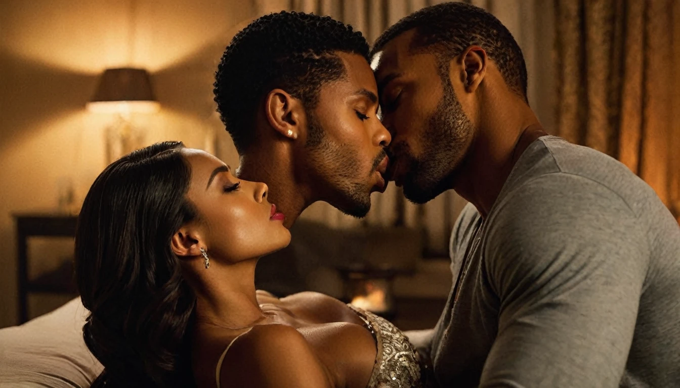 Naomi Scott and a handsome African American male whose facial features are a combo of Nathan Mitchell + Isaiah Mustafa + Broderick Hunter share a steamy kiss inside a bedroom lit only by candlelight. Naomi has lovely makeup on her face. Nighttime. Romantic ambiance. Symmetrical eyes. Symmetrical faces. Lovely details. Photorealistic. Full-colored photo. Professional photo. Highly detailed 8K.