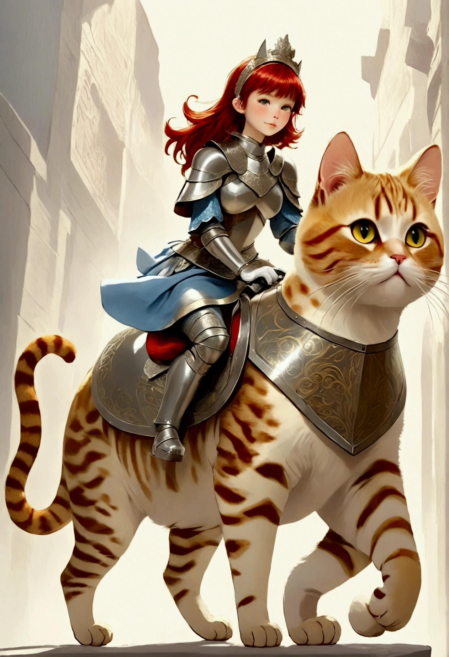 arafed a picture of a human knight riding an (Giant cat 1.3)) וin fantasy street, a adult human knight, full body, ((anatomically correct: 1.5), female knight, red hair, long hair, hair in a pony tail, wearing knight's armor, decorated armor, high heeled boots, BREAK riding a (Giant Cat: 1.5)), the cat is wearing armor ready for battle, dynamic color cat Hyperrealism style, vibrant, Ultra-high resolution, High Contrast, (masterpiece:1.5), highest quality, Best aesthetics), best details, best quality, highres, ultra wide angle, 16k, [ultra detailed], masterpiece, best quality, (extremely detailed) RAW, ArmoredDress, ccxl-mucha