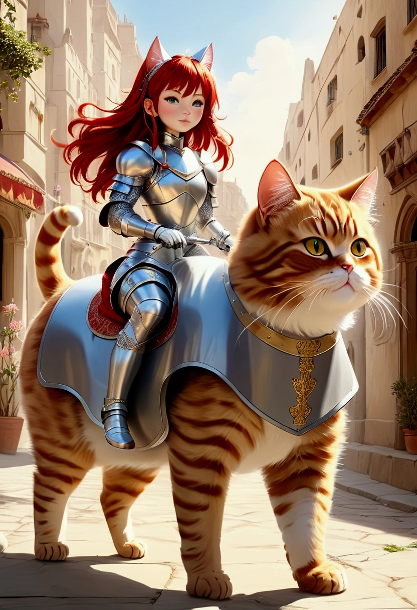 arafed a picture of a human knight riding an (Giant cat 1.3)) וin fantasy street, a adult human knight, full body, ((anatomically correct: 1.5), female knight, red hair, long hair, hair in a pony tail, wearing knight's armor, decorated armor, high heeled boots, BREAK riding a (Giant Cat: 1.5)), the cat is wearing armor ready for battle, dynamic color cat Hyperrealism style, vibrant, Ultra-high resolution, High Contrast, (masterpiece:1.5), highest quality, Best aesthetics), best details, best quality, highres, ultra wide angle, 16k, [ultra detailed], masterpiece, best quality, (extremely detailed) RAW, ArmoredDress, ccxl-mucha