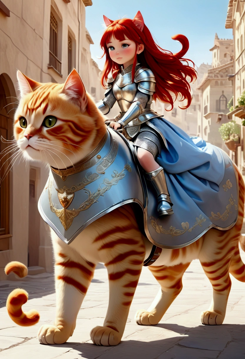 arafed a picture of a human knight riding an (Giant cat 1.3)) וin fantasy street, a adult human knight, full body, ((anatomically correct: 1.5), female knight, red hair, long hair, hair in a pony tail, wearing knight's armor, decorated armor, high heeled boots, BREAK riding a (Giant Cat: 1.5)), the cat is wearing armor ready for battle, dynamic color cat Hyperrealism style, vibrant, Ultra-high resolution, High Contrast, (masterpiece:1.5), highest quality, Best aesthetics), best details, best quality, highres, ultra wide angle, 16k, [ultra detailed], masterpiece, best quality, (extremely detailed) RAW, ArmoredDress, ccxl-mucha