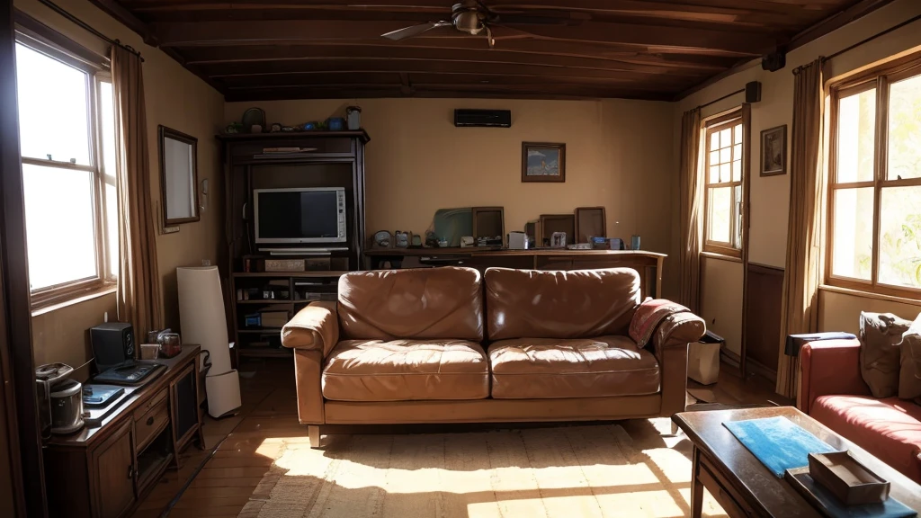 inside a warm and non-modern house with old tv and old sofas, all the stuffs are old but clean, it's day time and a god ray is coming inside the house through window.