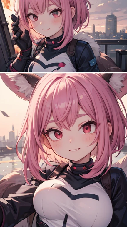 Best Quality, 4k, masterpiece, extremely detailed, High detail, 1 girl, Alone, peri, For the blue, hair over one eye, multicolor fur, two tails, pink hair, Red eyes, two tone hair, armor, smile, Burning city background ochako uraraka