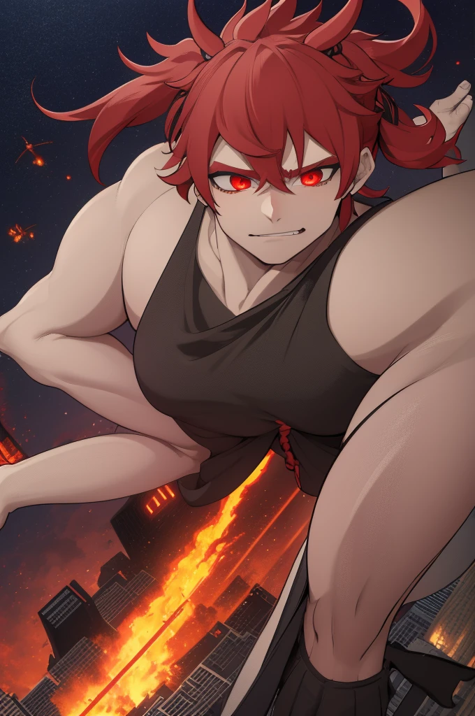 kenjaku,jjk sorcerer, GtsGiga, Gtscity, Rampage,evil,uncaring,pissed off, red aura,hands held tiward,psychotic smile,ready to crash out,Red Engery Ball,cityscape,muscular,bkack trenhcoat,Looming,twintails, domain expansion