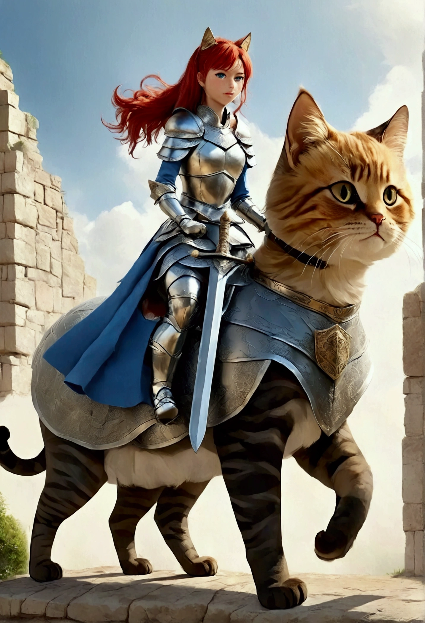 arafed a picture of a human knight riding an (Giant cat 1.3)) וin fantasy street, a adult human knight, full body, ((anatomically correct: 1.5), female knight, red hair, long hair, hair in a pony tail, wearing knight's armor, decorated armor, high heeled boots, BREAK riding a (Giant Cat: 1.5)), the cat is wearing armor ready for battle, dynamic color cat Hyperrealism style, vibrant, Ultra-high resolution, High Contrast, (masterpiece:1.5), highest quality, Best aesthetics), best details, best quality, highres, ultra wide angle, 16k, [ultra detailed], masterpiece, best quality, (extremely detailed) RAW, ArmoredDress