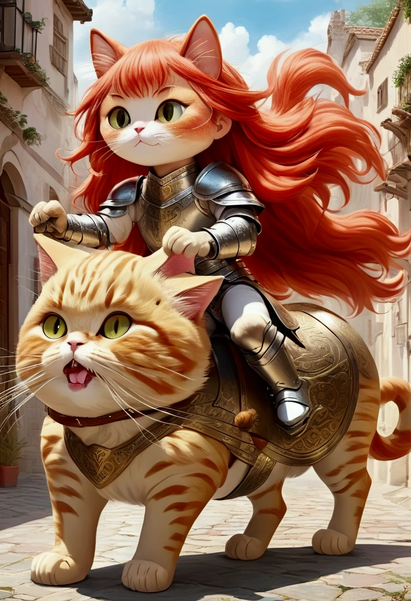 arafed a picture of a human knight riding an (Giant cat 1.3)) וin fantasy street, a adult human knight, full body, ((anatomically correct: 1.5), female knight, red hair, long hair, hair in a pony tail, wearing knight's armor, decorated armor, high heeled boots, BREAK riding a (Giant Cat: 1.5)), the cat is wearing armor ready for battle, dynamic color cat Hyperrealism style, vibrant, Ultra-high resolution, High Contrast, (masterpiece:1.5), highest quality, Best aesthetics), best details, best quality, highres, ultra wide angle, 16k, [ultra detailed], masterpiece, best quality, (extremely detailed) RAW, ArmoredDress