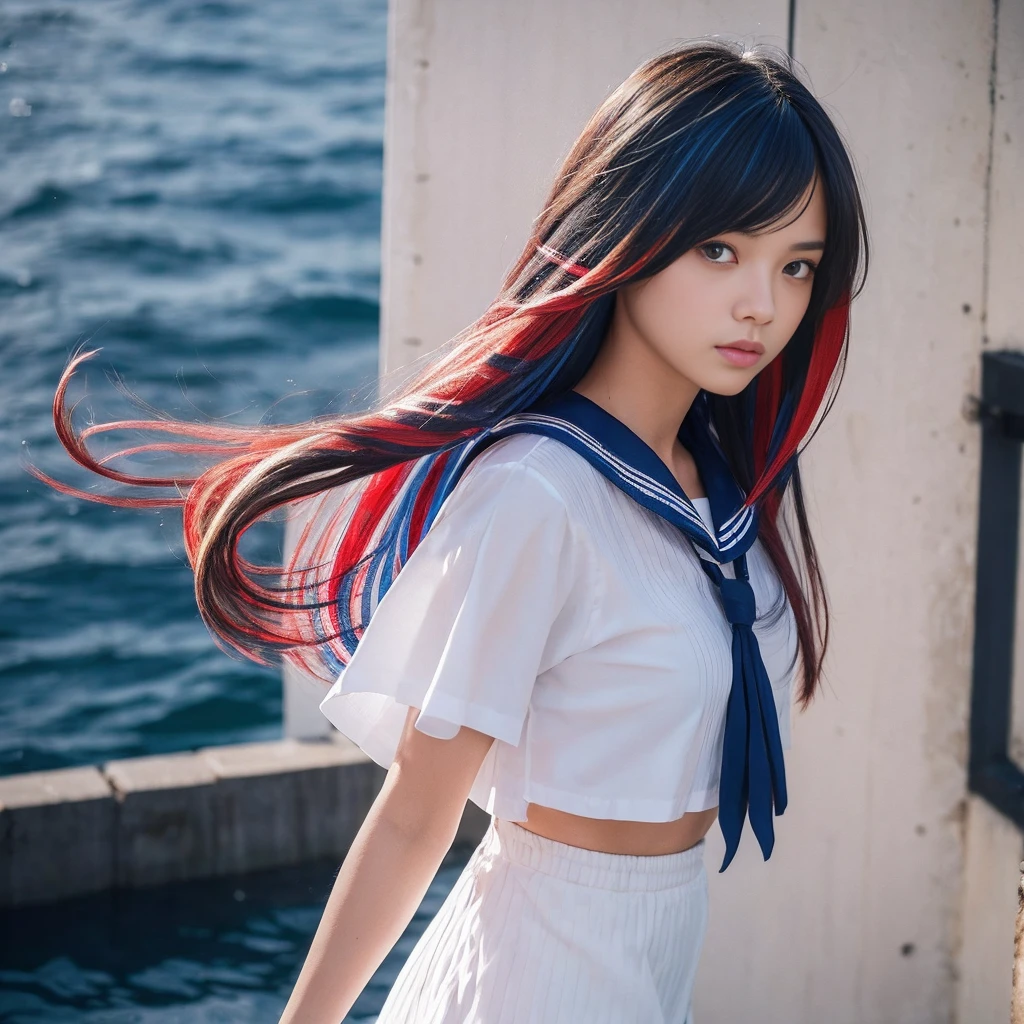 masutepiece++, Best Quality++, ultra-definition++, ultra-definition++, rey tracing, 4K or more++, 8K or more++, Slight details, (Background Focus )++,Young woman with golden laurel wreath, (((Ultramarine hair))), (((White dip dyed hair))), (((red streaked hair))),sailor,Sailor collar,White shirt, skirt by the,anchor,