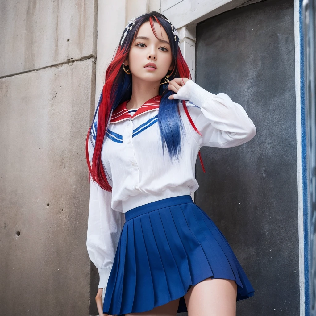 masutepiece++, Best Quality++, ultra-definition++, ultra-definition++, rey tracing, 4K or more++, 8K or more++, Slight details, (Background Focus )++,Young woman with golden laurel wreath, (((Ultramarine hair))), (((White dip dyed hair))), (((red streaked hair))),sailor,Sailor collar,White shirt, skirt by the,anchor,