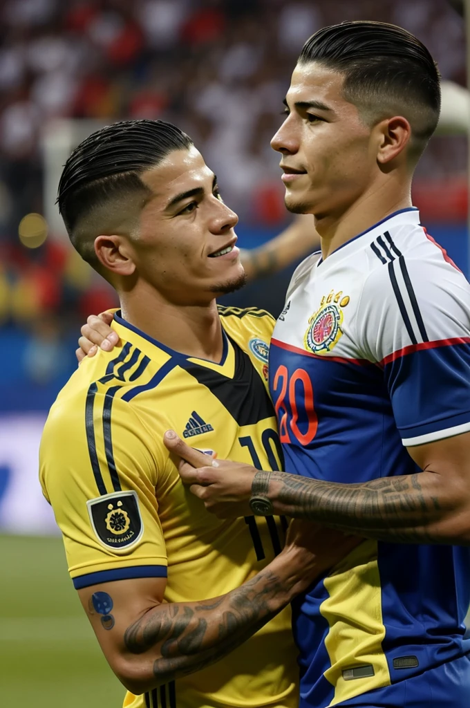 Colombian soccer player James Rodriguez lifting the 2024 American Cup soccer 