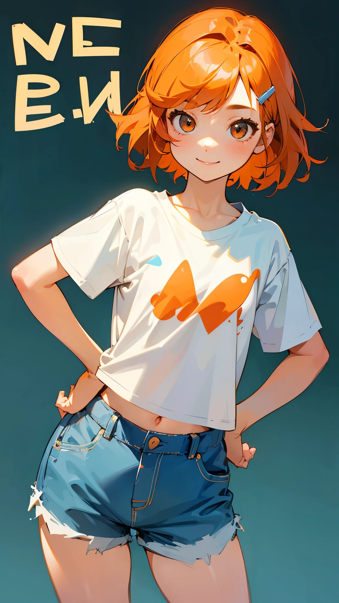 1 girl、Cowboy Shot、Simple T-shirt、Light Blue Medium Hair、Beautiful brown eyes、Orange Hair Clip、Flat Chest、smile、Please put your hands on your hips、Shorts