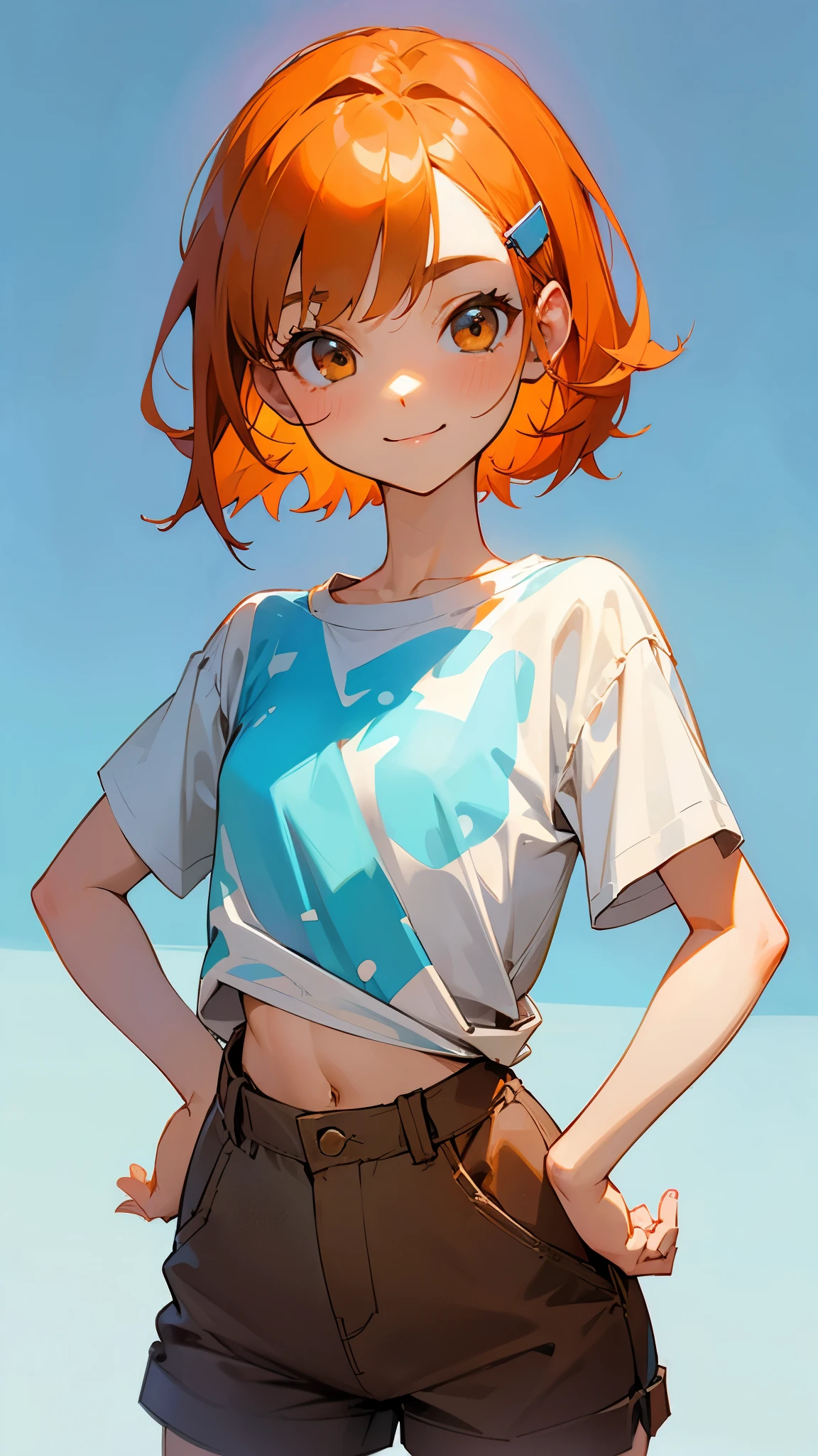 1 girl、Cowboy Shot、Simple T-shirt、Light Blue Medium Hair、Beautiful brown eyes、Orange Hair Clip、Flat Chest、smile、Please put your hands on your hips、Shorts