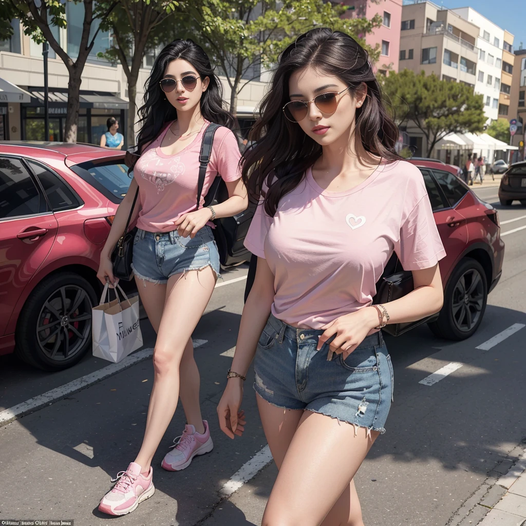 (masterpiece:1.2, highest quality), realistic, (real picture, intricate details, full body, a sensual and attractive Asian woman of 20 years old, round and oval face, high cheekbones, with pale skin, tall (she is about 5 feet 6 inches), with a body with large breasts, long straight black hair with wavy tips, She has sunglasses and wears a pink shirt with a dog design, she has sexy shorts and white tennis shoes and she takes her dog for a walk German Shepherd, the woman in the shirt as a catwalk model on the street in a field