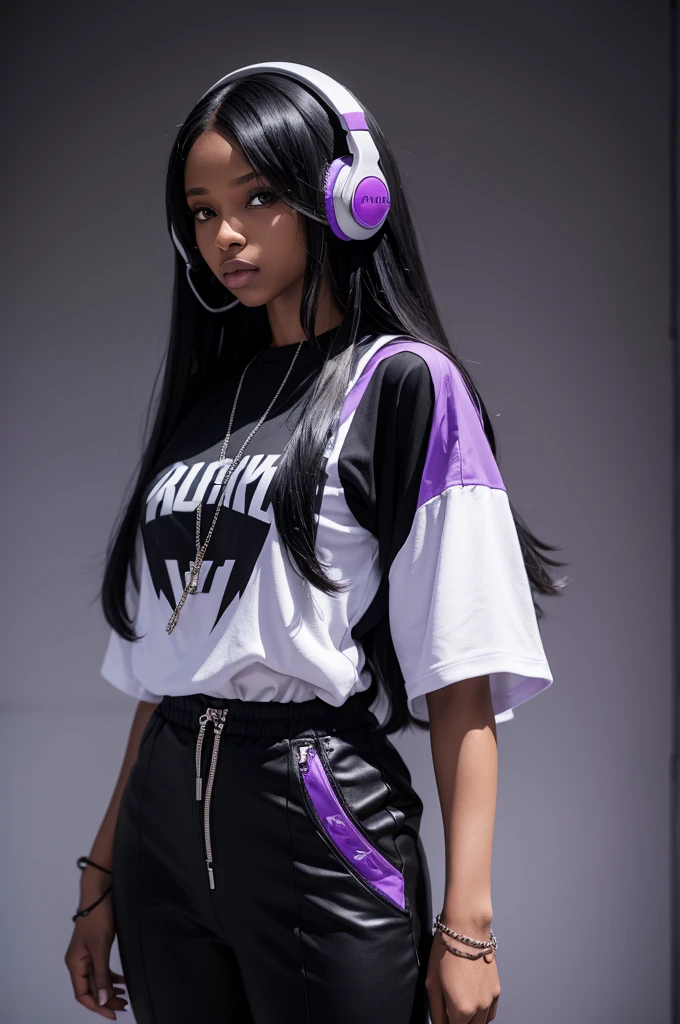 charachter: A black woman with straight, long hair.
badass clothing: She is wearing a black outfit, which can be a dress or a t-shirt and pants.
Accessories: She is wearing a white headset.
fund: The background is light purple, maybe with some soft details to give depth.
styled: anime Aesthetic: dark