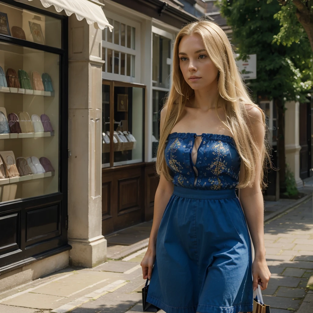 ((best quality)), ((masterpiece)), (detailed), walking in Royal Tunbridge Wells, Kent , England, 1woman, very long blonde hair, summer time, shopping
