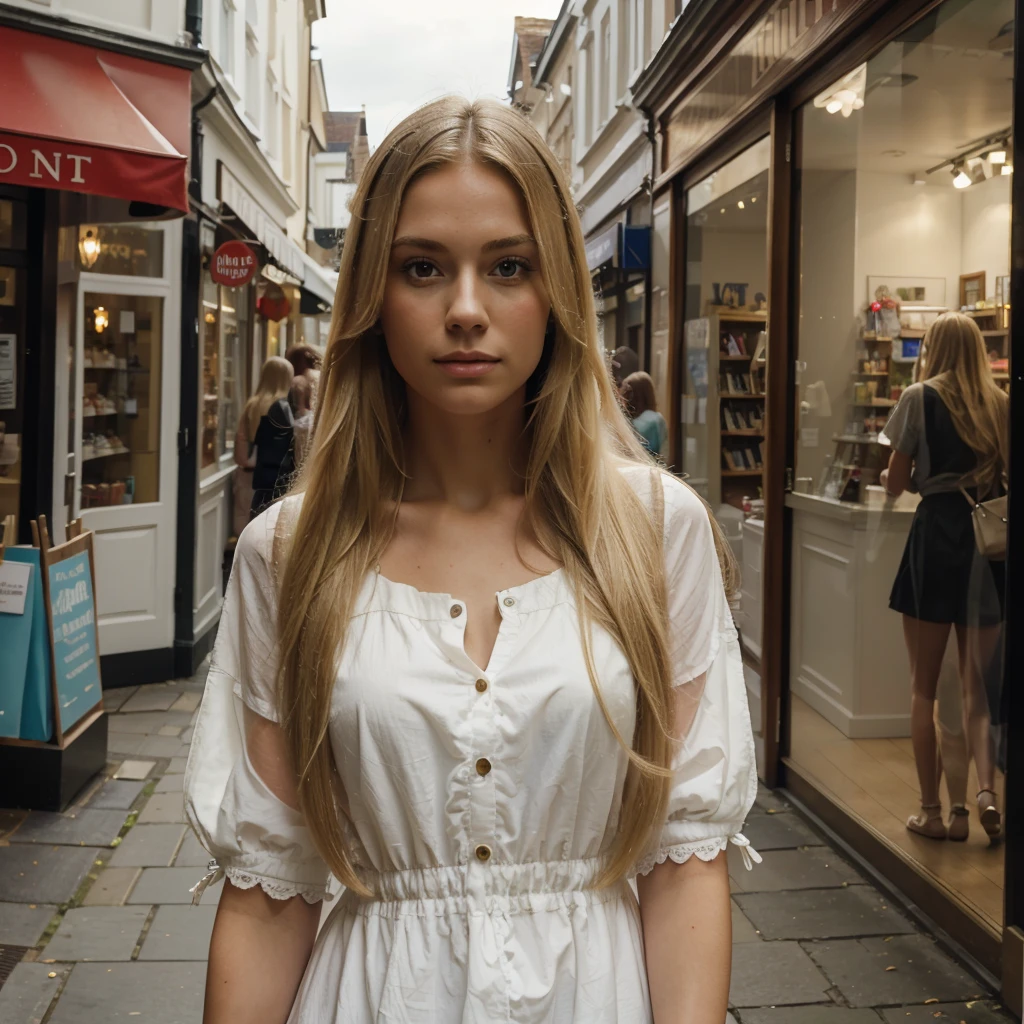 ((best quality)), ((masterpiece)), (detailed), walking in Royal Tunbridge Wells, Kent , England, 1woman, very long blonde hair,  summer time, shopping 