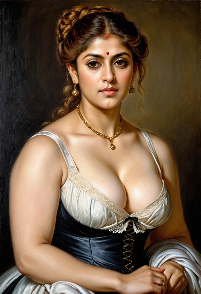 Looks like Nayanthara, portrait painting of a thick Beautiful middle aged woman, extremely gorgeous, wearing a Victorian Camisole dress or chemise, by Peter Paul Rubens, in Peter Paul Rubens style, by Caravaggio, intricate, flawless, masterpiece, Best quality, 