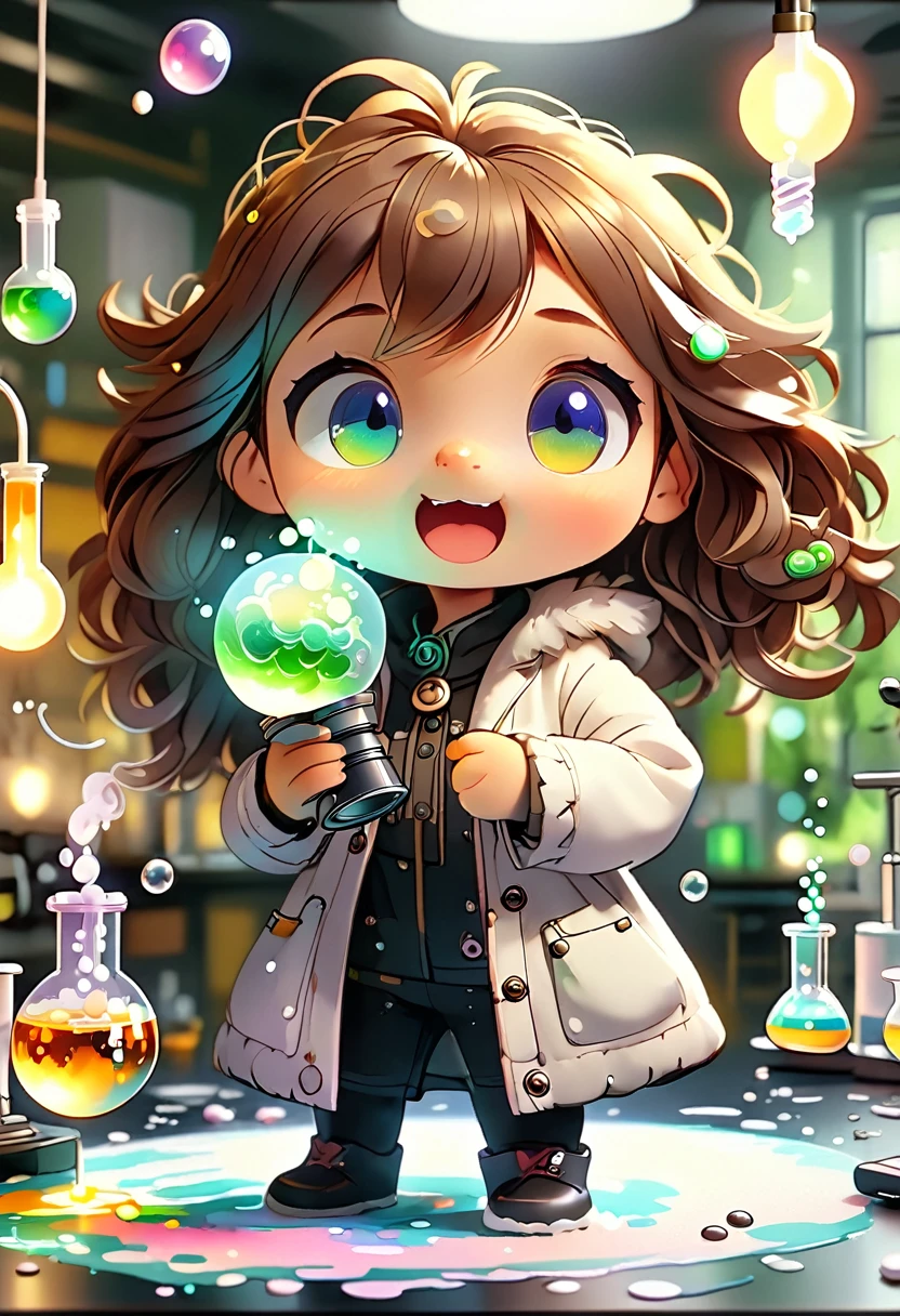 Baby Chibi MASCOT, atoms, Molecules , disgustingly fun, character features , Blind box style and model with popular market style, The sunlight shines, , hyper qualit, sharp features, Resolução ultra HD e 8K,Cool Hand Drawn Illustration，fly away (Inside Out Disgusting), Create a series of best quality cute chibi dolls,ultra detali,realisitic,Science Laboratory,Chemical experiment,ultra HD, chemical equipment,scientists working,cups,UHD Bunsen burner ,Microscope,laboratory glassware,measuring cylinders,labcoats,NERD ROUND Glasses ,science books,Periodic table,scientific research,discoveries,new inventions,innovation,apprenticeship,education,Scientific culture wears coat with details of buttons and brooches , her coat is charming and cute with ultra chemical details ,Curiosidade,Technological advancements,swirly vibrant colors,soft lighting,modern laboratory,nerdy atmosphere,laboratory instruments,hypothesis testing,Scientific method,symbolic representation,Critical thinking,experiments ,precision,precision,details Intricate,impressive scientific setup,natural elements,exploration of the mysteries of science,unlocking the secrets of nature. Baby chibi is happy and excited, remember to use chemical laboratory glassware, The chalk board behind the cute chibi baby is written the structure of caffeine in white chalk 18K UHD