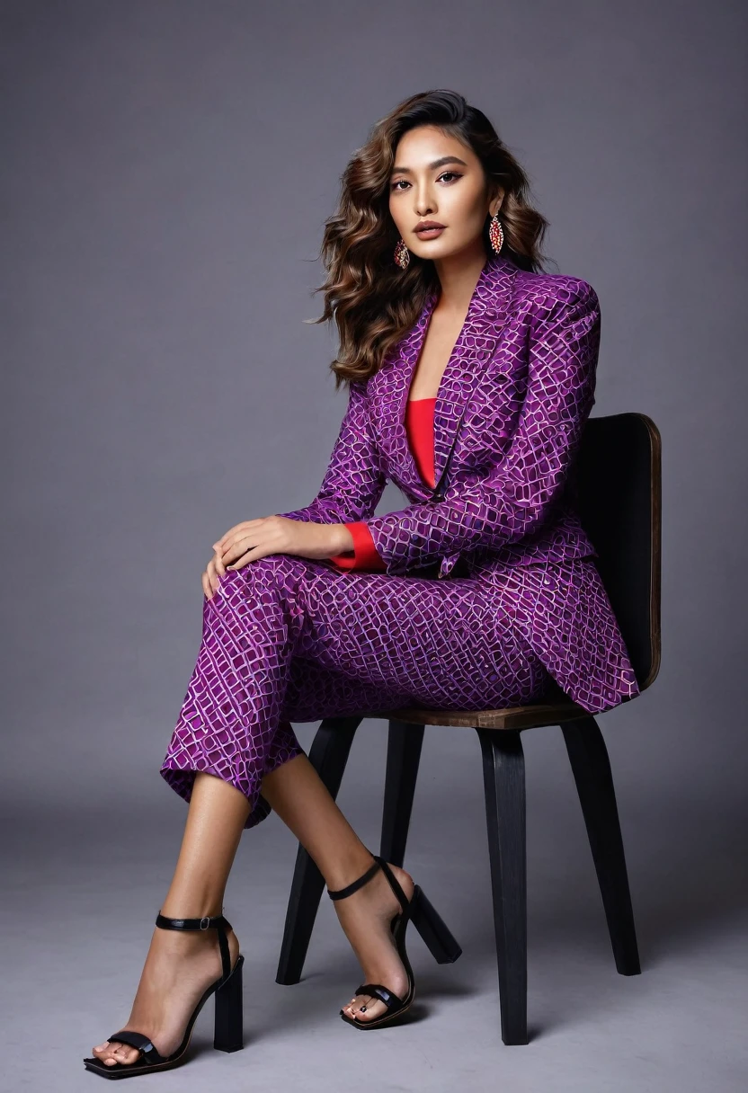 A beautiful 20 year nepali model with wavy brown hair, wearing a bold and ((violet red geometric suit)). Colorful atmosphere, photo studio, artistic,(( black sandal square heels)) , sitting on a minimalistic chair