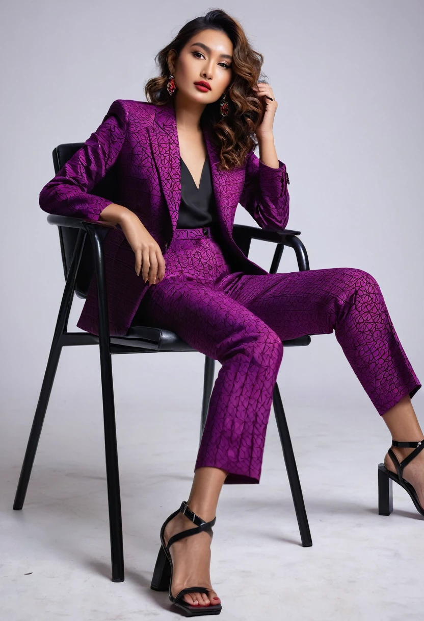 A beautiful 20 year nepali model with wavy brown hair, wearing a bold and ((violet red geometric suit)). Colorful atmosphere, photo studio, artistic,(( black sandal square heels)) , sitting on a minimalistic chair