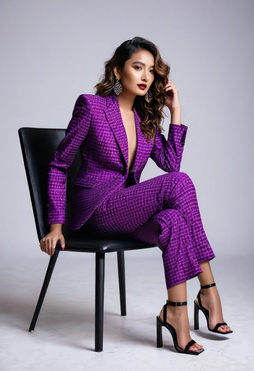 A beautiful 20 year nepali model with wavy brown hair, wearing a bold and ((violet red geometric suit)). Colorful atmosphere, photo studio, artistic,(( black sandal square heels)) , sitting on a minimalistic chair