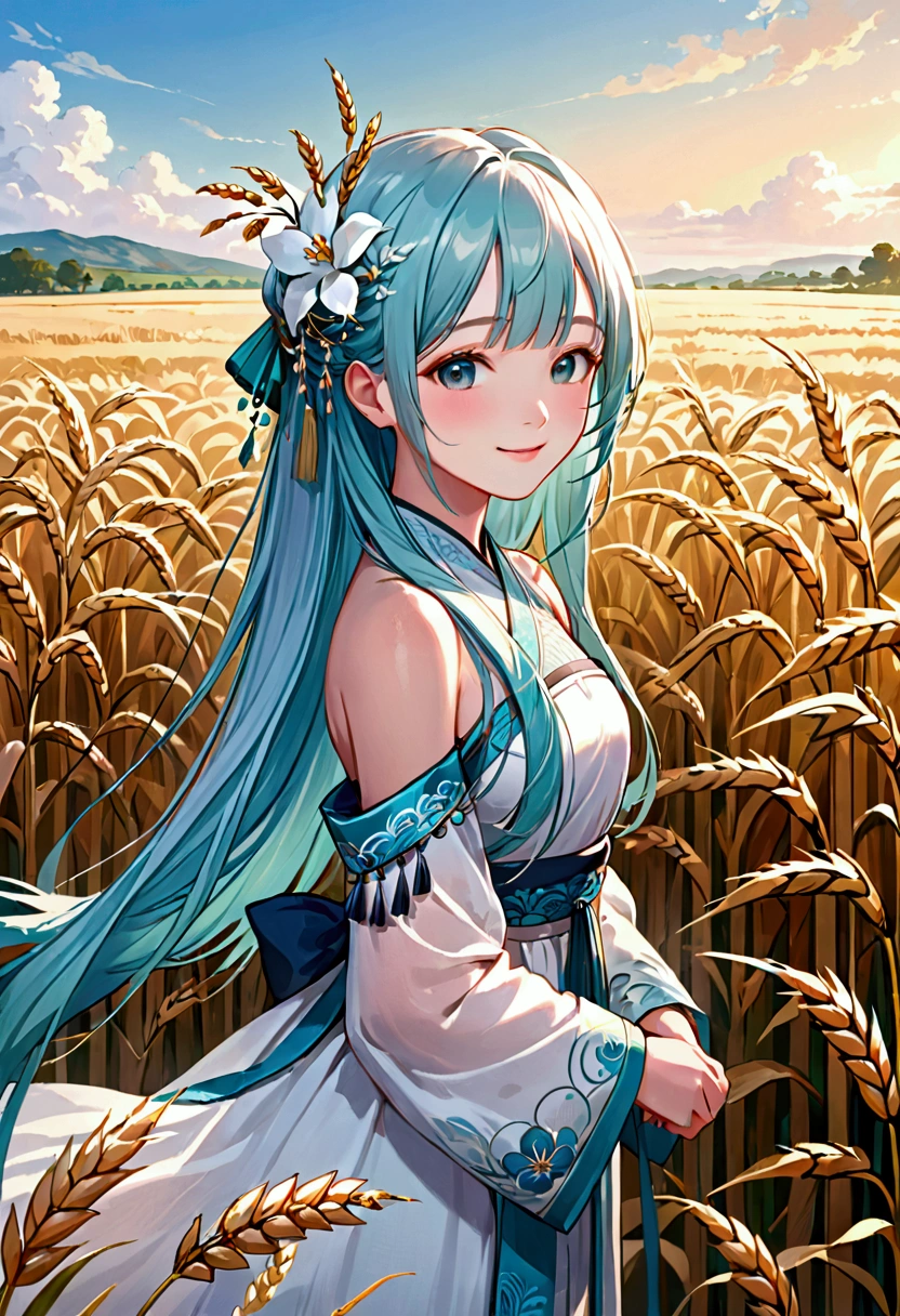 masterpiece, best quality, ultra highres, detailed illustration, portrait, detailed, 1girl standing in wheat field, solo, long hair, dress, flower, white hanfu, smile, full body, white flower, bare shoulders, very long hair, aqua hair, closed mouth, facing viewer, bangs,