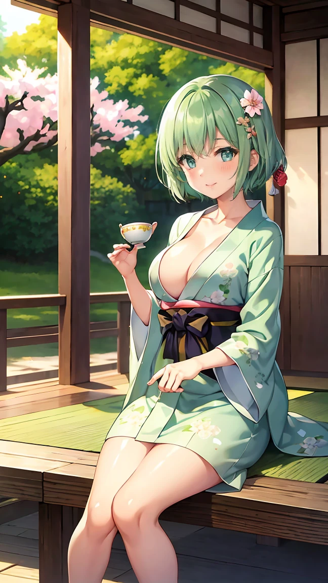 Girl with short green hair, Small breasts, Green Eyes, White Casual Beauty Special、(((tits))),Full body photo from head to toe、Kimono、Patterned Japanese clothing、Cherry tree in full bloom、Fluttering petals、Tea Ceremony、Graceful Manners、Tea party、Chatting in a Japanese-style room