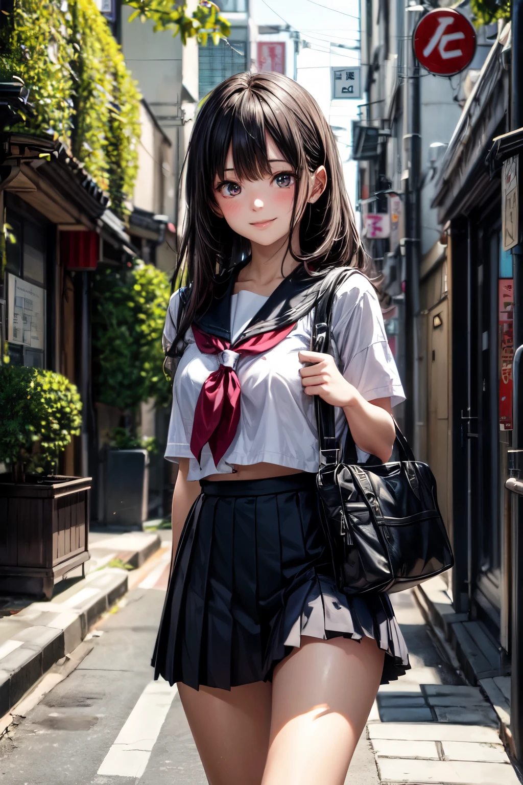 very cute and beautiful girl,(highly detailed beautiful face and eyes),(smile:1.2),blush,shy,looking at viewer,
black hair,serafuku,(pleated navyblue mini skirt),standing,exposing thigh,holding school bag,
narrow alley in tokyo,stone wall in front of modern building,pink hotel signage,trees,shrubbery,
(best quality,masterpiece),absurdres,highres,ultra-detailed,extremely detailed,32k,8k resolution,
intricate details,cinematic scene,detailed background,solo,dynamic angle,