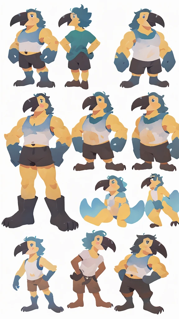 a painted watercolor, reference sheet, cartoon style character design for an anthropomorphic furry male that is characterized by being a Toucan, mucle, delgado, wearing a muscle shirt and black shorts, consistent character, many angles, 100% white background - - without contour