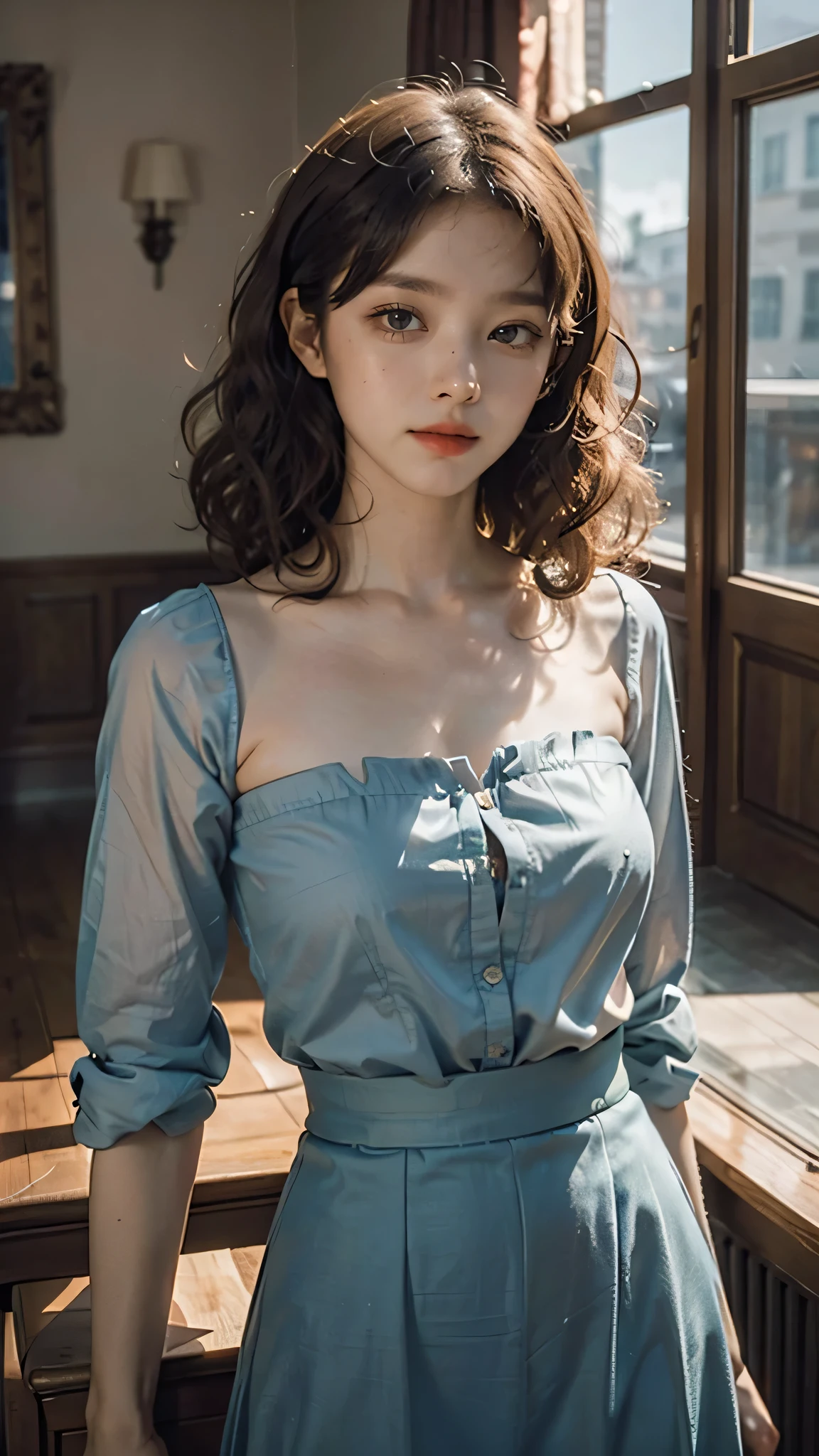 detailed background, masterpiece, best quality, 1 person , curly hair, long hair, purple eyes, star in eye ,teal  Strapless blouse, long  skirt