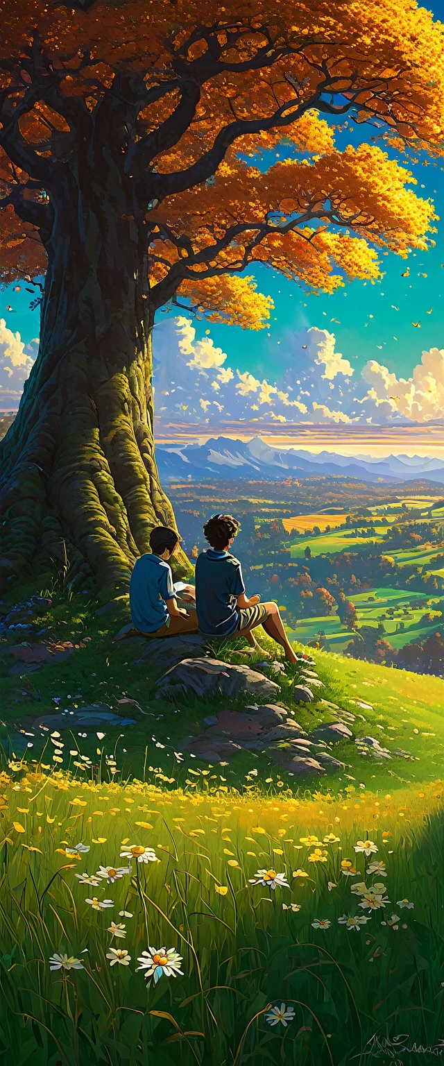  fondo de pantalla de arte anime 8 K, fondo animado art, Fondo De Pantalla De Paisaje De Anime, ANIME MASTERPIECE - Creates an image of a serene, sunlit rural scene in vibrant, detailed anime style. The scene is a boy sitting next to a tree in an autumn meadow, looking at a vast golden sky with white clouds, an incredible sunset, tall green grass, daisy flowers, ULTRA Style Kilian Eng and Thomas Kinkade, Rob Gonsalves and Tim White , Silvain Sarriel. Rhads and Thomas Kinkade, inspired by RHADS, cyril rolando and m.w kalut, cyril rolando and m. w kalut, rhads!!!, fondo animado, fondo animado art, hermosa escena de anime, sobre las nubes, Kilian Eng y Thomas Kinkade, Rob Gonsalves y Tim White., silvain sarriel, Rhads y Thomas Kinkade, inspirado en RHADS, cyril rolando and m.w kalut, cyril rolando and m. w kalut, rhads!!!
