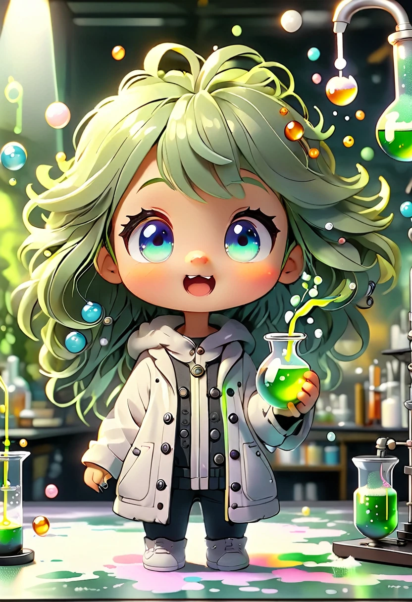 Baby Chibi MASCOT, atoms, Molecules , disgustingly fun, character features , Blind box style and model with popular market style, The sunlight shines, , hyper qualit, sharp features, Resolução ultra HD e 8K,Cool Hand Drawn Illustration,fly away (Inside Out Disgusting), Create a series of best quality cute chibi dolls,ultra detali,realisitic,Science Laboratory,Chemical experiment,ultra HD, chemical equipment,scientists working,cups,UHD Bunsen burner ,Microscope,laboratory glassware,measuring cylinders,labcoats,NERD ROUND Glasses ,science books,Periodic table,scientific research,discoveries,new inventions,innovation,apprenticeship,education,Scientific culture wears coat with details of buttons and brooches , her coat is charming and cute with ultra chemical details ,Curiosidade,Technological advancements,swirly vibrant colors,soft lighting,modern laboratory,nerdy atmosphere,laboratory instruments,hypothesis testing,Scientific method,symbolic representation,Critical thinking,experiments ,precision,precision,details Intricate,impressive scientific setup,natural elements,exploration of the mysteries of science,unlocking the secrets of nature. Baby chibi is happy and excited, remember to use chemical laboratory glassware, The chalk board behind the cute chibi baby is written the structure of caffeine in white chalk 18K UHD