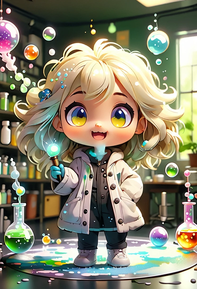 Baby Chibi MASCOT, atoms, Molecules , disgustingly fun, character features , Blind box style and model with popular market style, The sunlight shines, , hyper qualit, sharp features, Resolução ultra HD e 8K,Cool Hand Drawn Illustration，fly away (Inside Out Disgusting), Create a series of best quality cute chibi dolls,ultra detali,realisitic,Science Laboratory,Chemical experiment,ultra HD, chemical equipment,scientists working,cups,UHD Bunsen burner ,Microscope,laboratory glassware,measuring cylinders,labcoats,NERD ROUND Glasses ,science books,Periodic table,scientific research,discoveries,new inventions,innovation,apprenticeship,education,Scientific culture wears coat with details of buttons and brooches , her coat is charming and cute with ultra chemical details ,Curiosidade,Technological advancements,swirly vibrant colors,soft lighting,modern laboratory,nerdy atmosphere,laboratory instruments,hypothesis testing,Scientific method,symbolic representation,Critical thinking,experiments ,precision,precision,details Intricate,impressive scientific setup,natural elements,exploration of the mysteries of science,unlocking the secrets of nature. Baby chibi is happy and excited, remember to use chemical laboratory glassware, The chalk board behind the cute chibi baby is written the structure of caffeine in white chalk 18K UHD