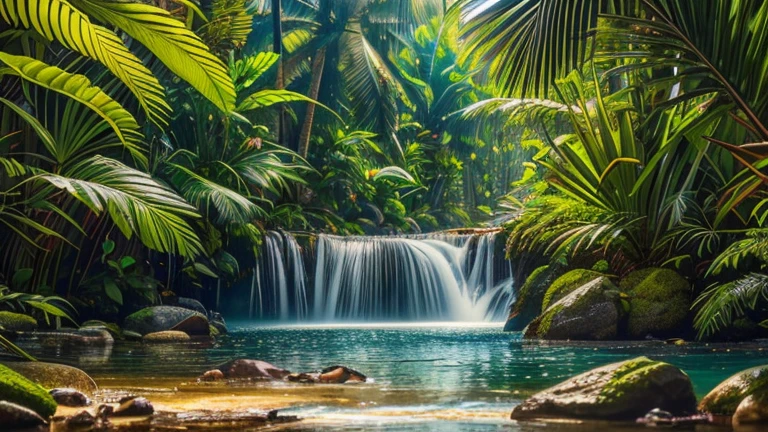 a lush tropical forest, surrounded by lush palm trees and colorful flowers, waterfall in the background detailed scene, cinematic lighting, swirly vibrant colors, golden hour time, photorealisitic, (best qualityer, 4K, 8k, high resolution, work of art:1.2), ultra detali, (realisitic, photorealisitic, photo-realisitic:1.37), HDR, ultra HD, studio lighting, ultra-fine painting, sharp focus, Physically based rendering, extreme detailed description, proffesional, bright coloured, bokeh