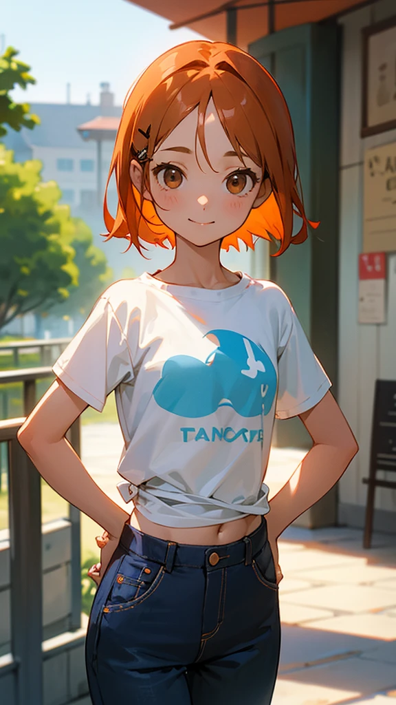 1 girl、Cowboy Shot、Simple T-shirt、Light Blue Medium Hair、Beautiful brown eyes、Orange Hair Clip、Flat Chest、smile、Please put your hands on your hips、Shortorning Cafe Terrace、Background blur, Written boundary depth