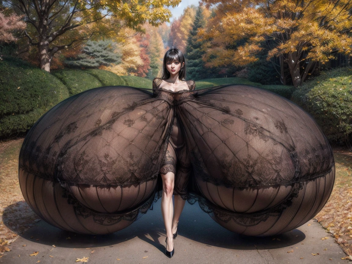 artistic nude photo of a slim japanese woman, (lace dress:1.3) (35 years old), black hair, bangs, nude (gigantic breasts:1.2)) sagging breasts, (Extremely thin and slender lower body:1.1) walking in park (orgasm:1.2) shot from front, hyper detailed, UHD, 8K image