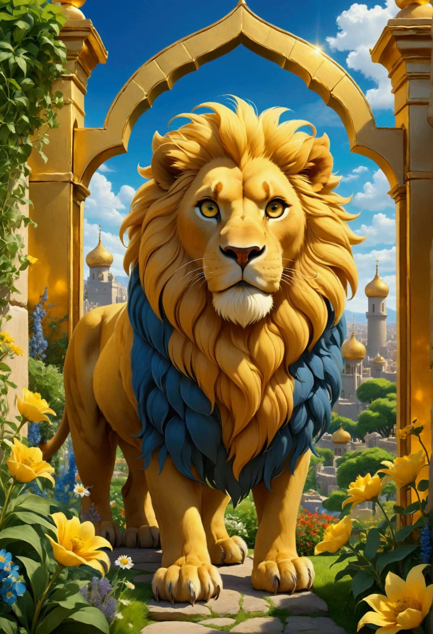an enchanting scene under a clear blue sky, featuring a golden city with transparent gates and a shining star. In this magical city, depict a lush garden filled with diverse herbs and vibrant flowers. animals of unprecedented beauty: a yellow fire-maned lion, a blue ox full of eyes, and a majestic golden eagle with a bright and unforgettable gaze. The atmosphere should be serene and filled with a sense of wonder, reflecting the mystical and ethereal qualities of this beautiful setting.