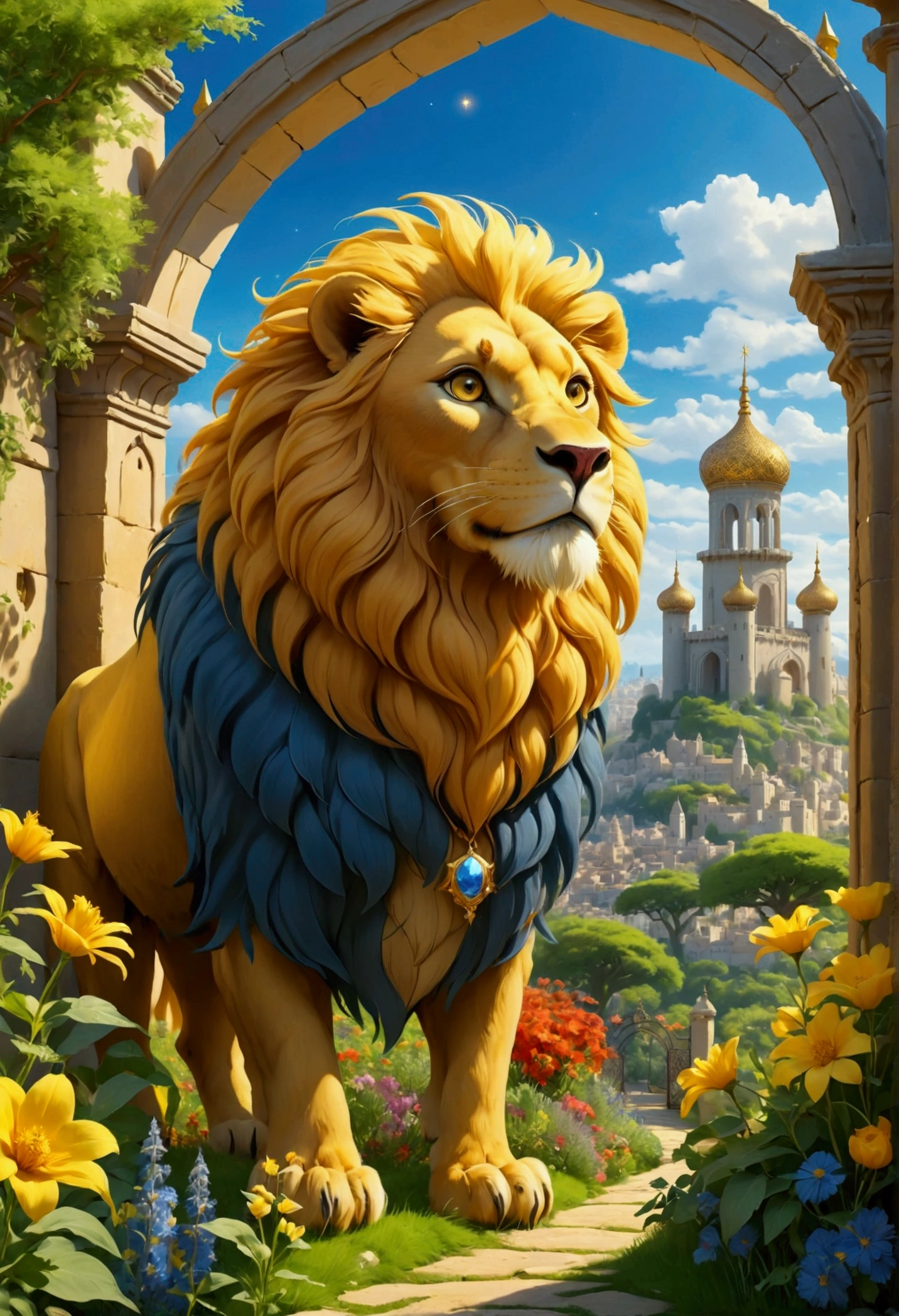an enchanting scene under a clear blue sky, featuring a golden city with transparent gates and a shining star. In this magical city, depict a lush garden filled with diverse herbs and vibrant flowers. animals of unprecedented beauty: a yellow fire-maned lion, a blue ox full of eyes, and a majestic golden eagle with a bright and unforgettable gaze. The atmosphere should be serene and filled with a sense of wonder, reflecting the mystical and ethereal qualities of this beautiful setting.