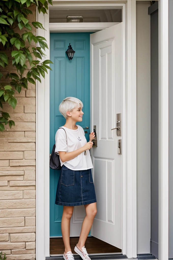 Cute girl with short white hair opening the door of her house to see her neighbor