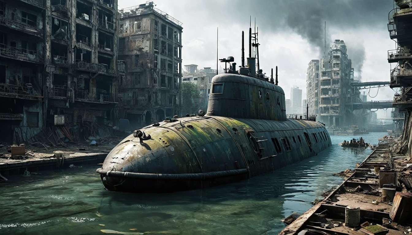 war submarine in post apocalyptic city