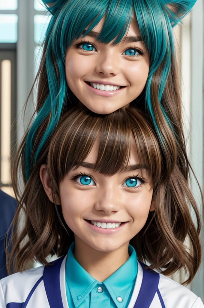 Screenshot of my hero academia anime girl with light brown hair with turquoise blue locks and bangs, brown cat ears, bicolor eyes, one turquoise blue and the other light brown., has a happy expression. 
He is wearing the UA uniform and has a class in the background